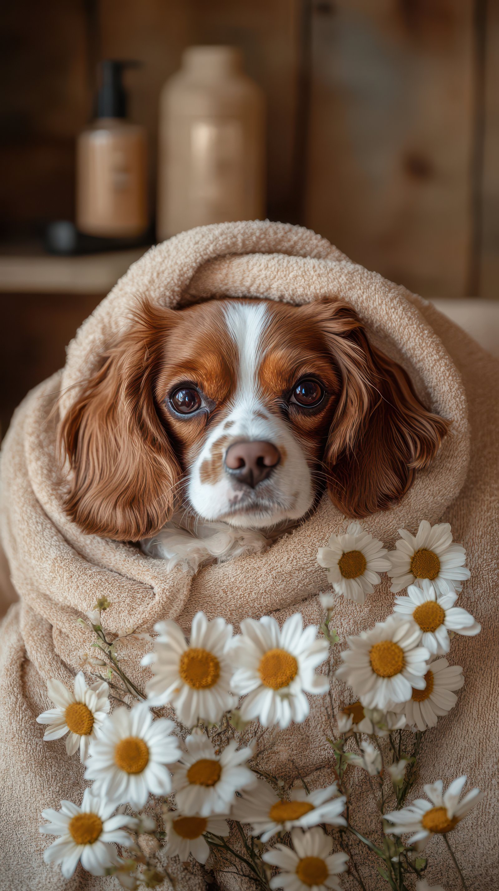 A brown and white dog snuggles in a soft towel with daisies